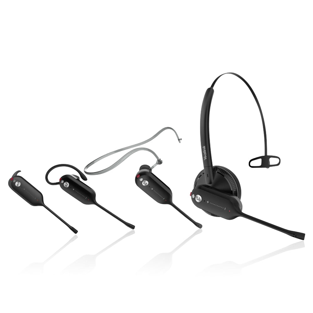 A white background displaying four ways to set up and use the black Yealink WH63 Convertible headset.