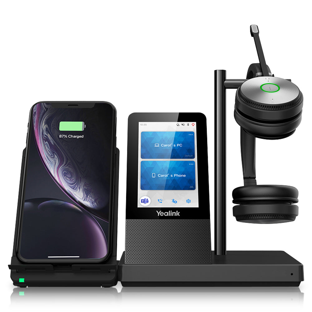 A frontal view of a black WH66 Wireless Headset with a binaural design. The headset is placed on the headset support of the workstation, accompanied by a black Wireless Charger. The workstation features a 4.0 inch (480 x 800) capacitive touch screen.