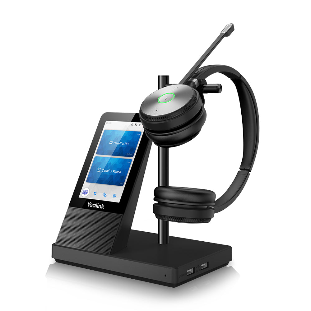 A left-angled view of a black WH66 Wireless Headset with a binaural design. The headset is positioned on the headset support of the workstation, showcasing its modern and ergonomic design. The workstation is equipped with a 4.0 inch (480 x 800) capacitive touch screen, offering intuitive control and easy access to features.