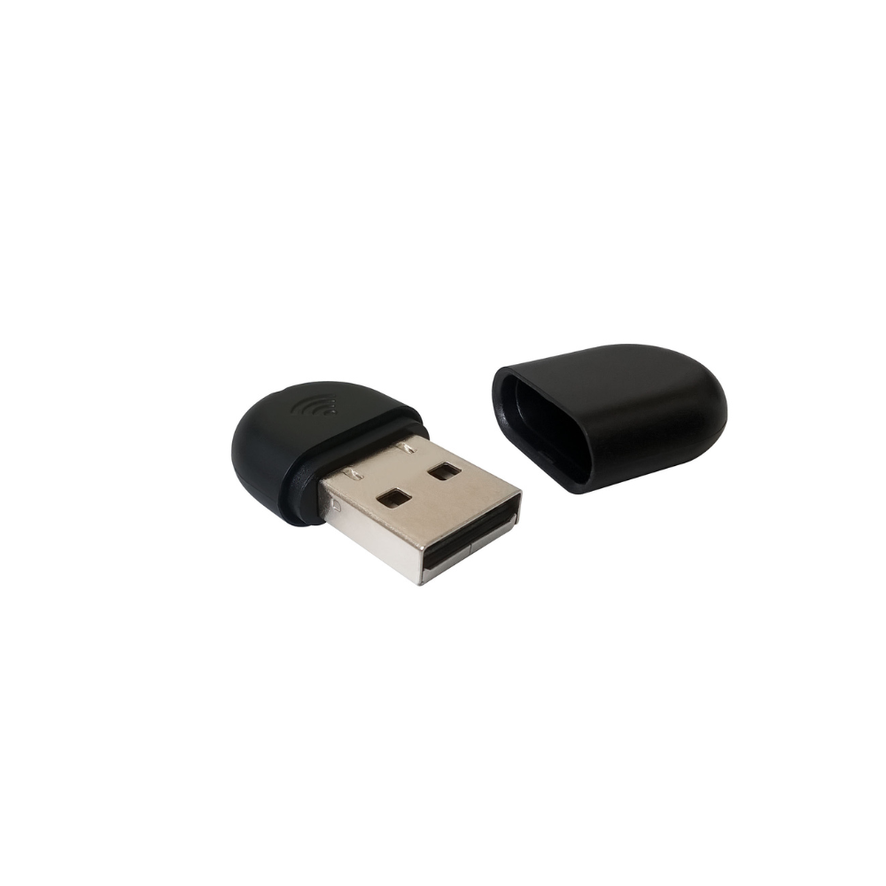 A black WF40 WiFi USB Dongle with a black cap on the right side and a metallic head and black body on the left side, placed on a white background.