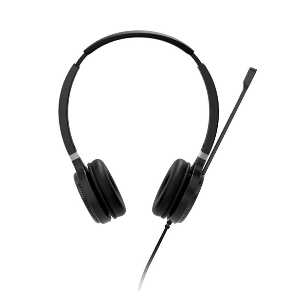 A black UH36 Wired Headset with a visible headband, microphone, and two ear cups, displayed from a frontal angle on a white background.
