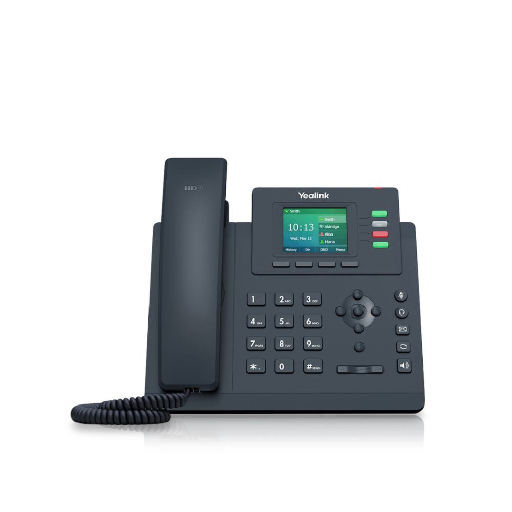 A black T33G Entry Level IP Phone, a corded phone, displayed from a frontal view on a white background. The phone's buttons on the dashboard and the 2.4” 320 x 240-pixel color display with backlight screen are clearly visible