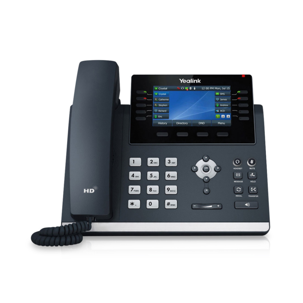 A black T46U Professional IP Phone displayed from a frontal angle on a white background. The phone's silver buttons on the dashboard and the 4.3" 480 x 272-pixel color display with backlight screen are clearly visible.
