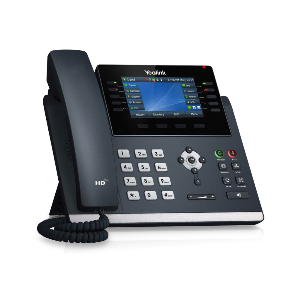 A right-angled view of a black T46U Professional IP Phone displayed on a white background. The phone's silver buttons on the side panel and the 4.3" 480 x 272-pixel color display with backlight screen are clearly visible.