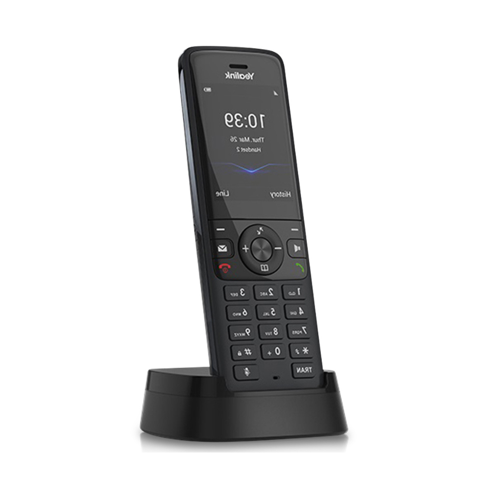 A right-angled view of a black Yealink wireless phone with a 2.4'' 240 x 320 TFT color screen and an intuitive user interface, placed in a black Charger Cradle, captured from a side angle on a white background.