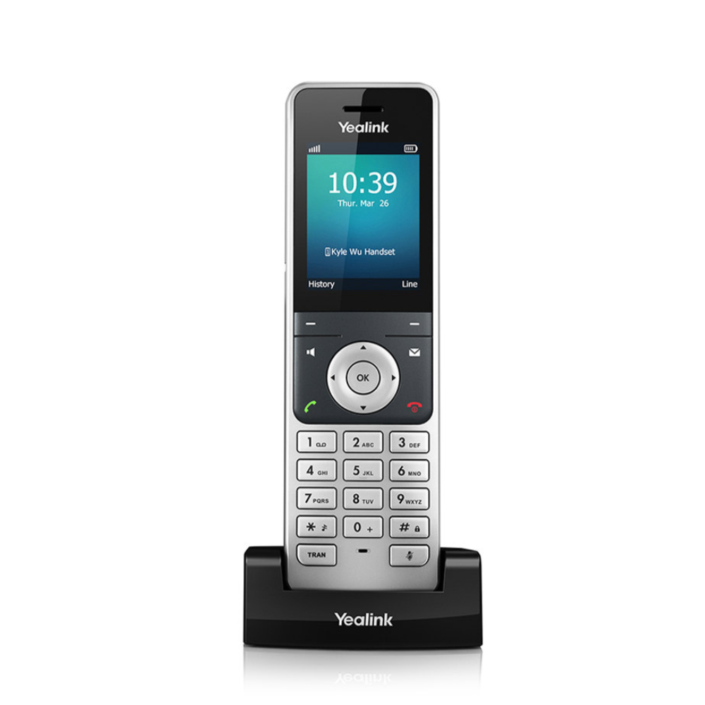 A silver Yealink W56H Wireless Handset with a 2.4" color screen and an intuitive user interface, placed in a black Charger Cradle, captured from a frontal angle on a white background.