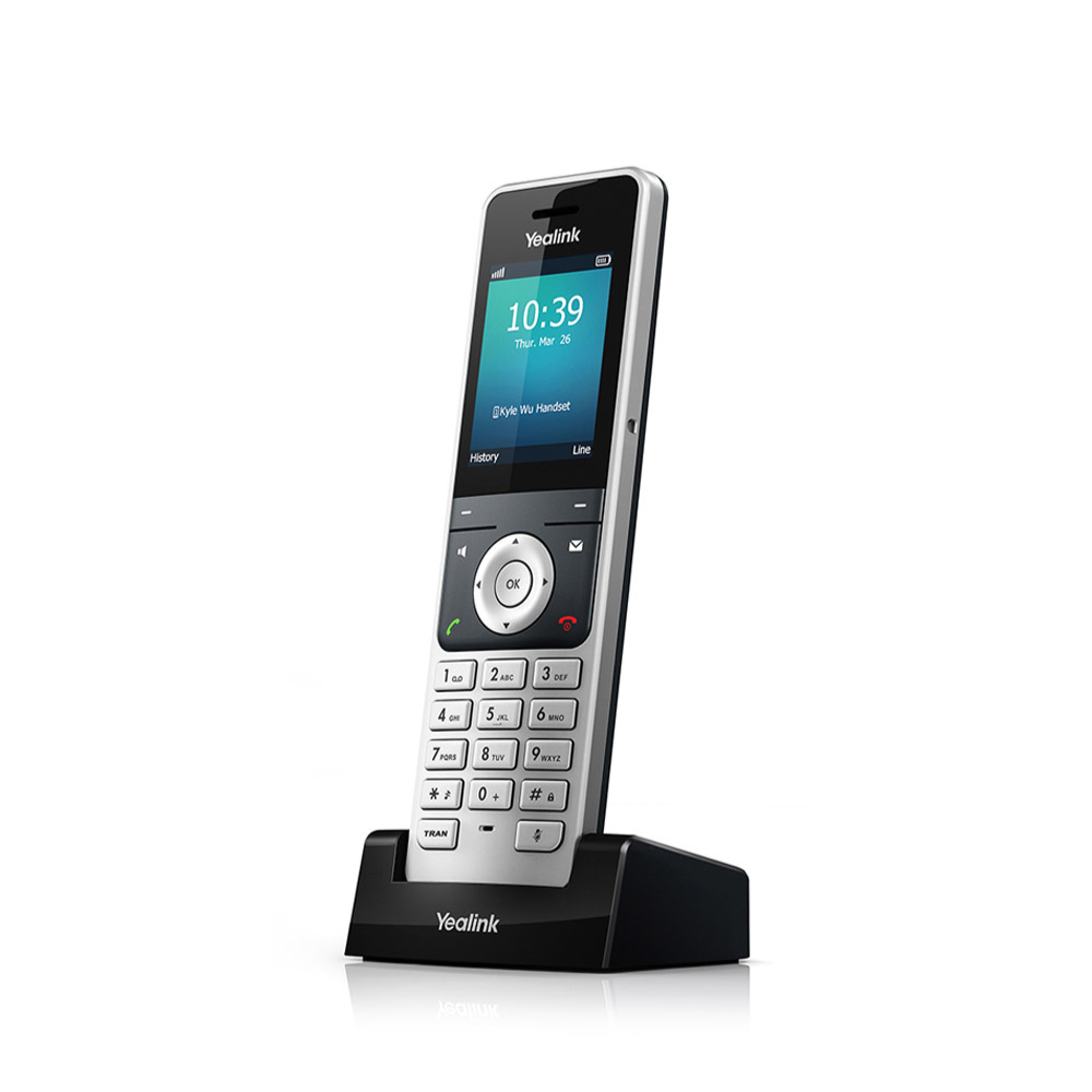 A right-angled view of a silver Yealink W56H Wireless Handset with a 2.4" color screen and an intuitive user interface, placed in a black Charger Cradle, captured from a side angle on a white background.