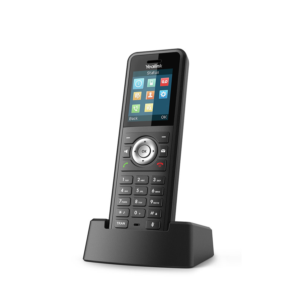 A left-angled view of the W59R Rugged Wireless Handset in black color. The handset showcases a 1.8’’ 128x160 TFT color screen with an intuitive user interface. It is placed in a Charger Cradle and captured on a white background.