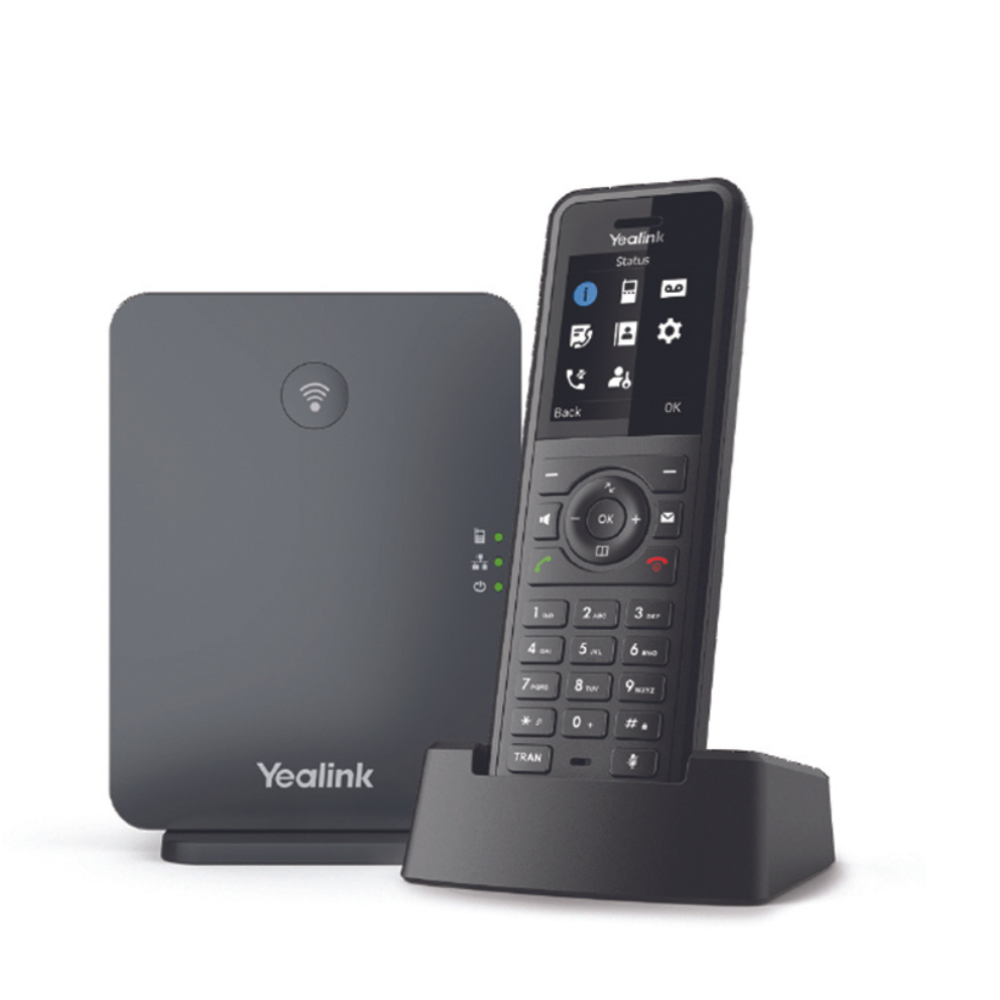A bundle image featuring a black Yealink W57R Wireless Handset with a 1.8" color screen and an intuitive UI, placed in a black Charger Cradle. Also included in the image is a black Yealink W70B Base Station, captured from a frontal angle on a white background.