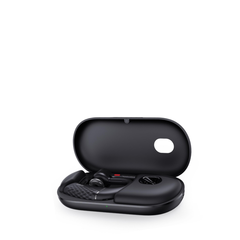 A black BH71 Wireless Headset placed in its black Carrying Case, captured from a frontal angle on a white background.