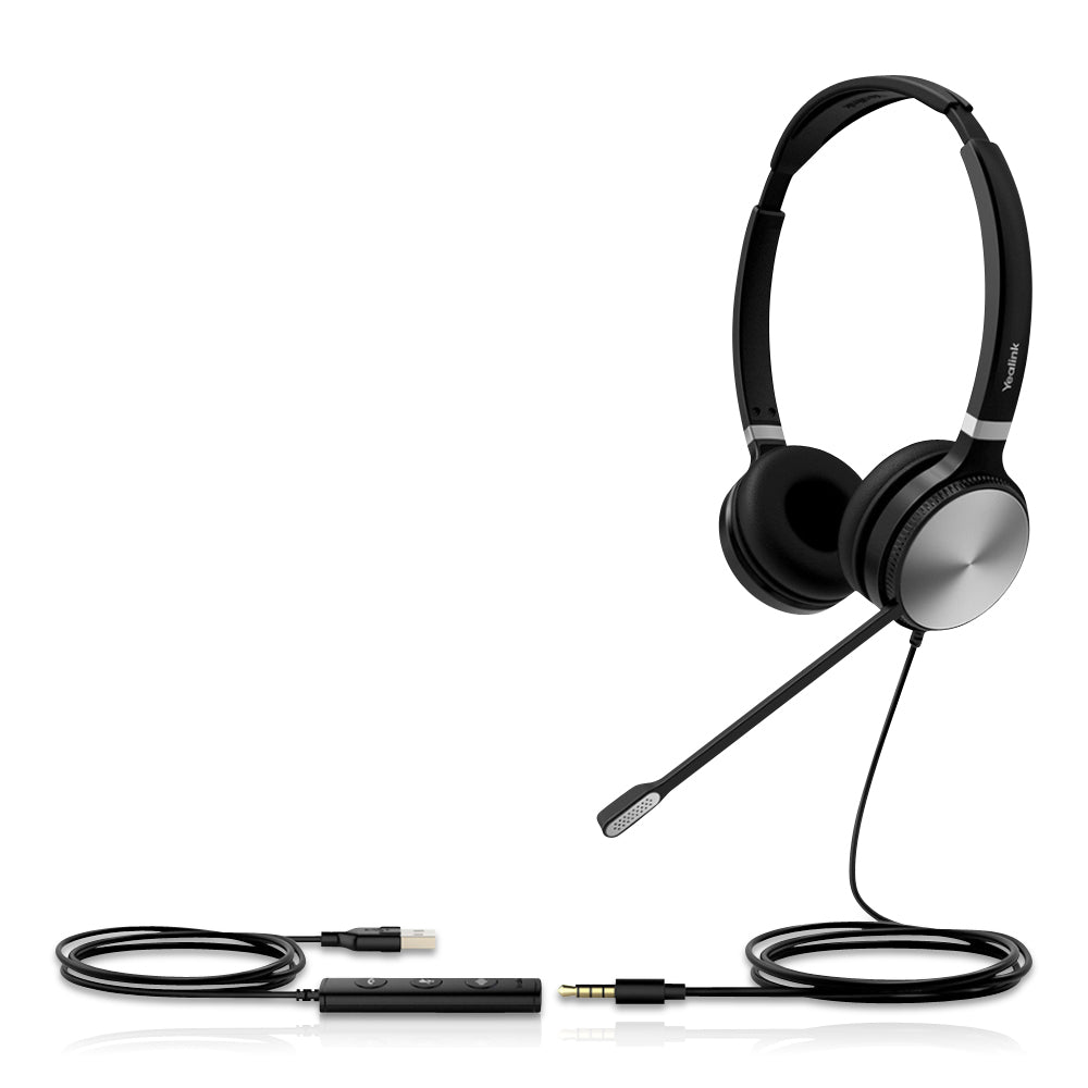 A black UH36 Wired Headset with a microphone, displayed from a left angle on a white background. The binaural headset features a visible wire with a USB plug.