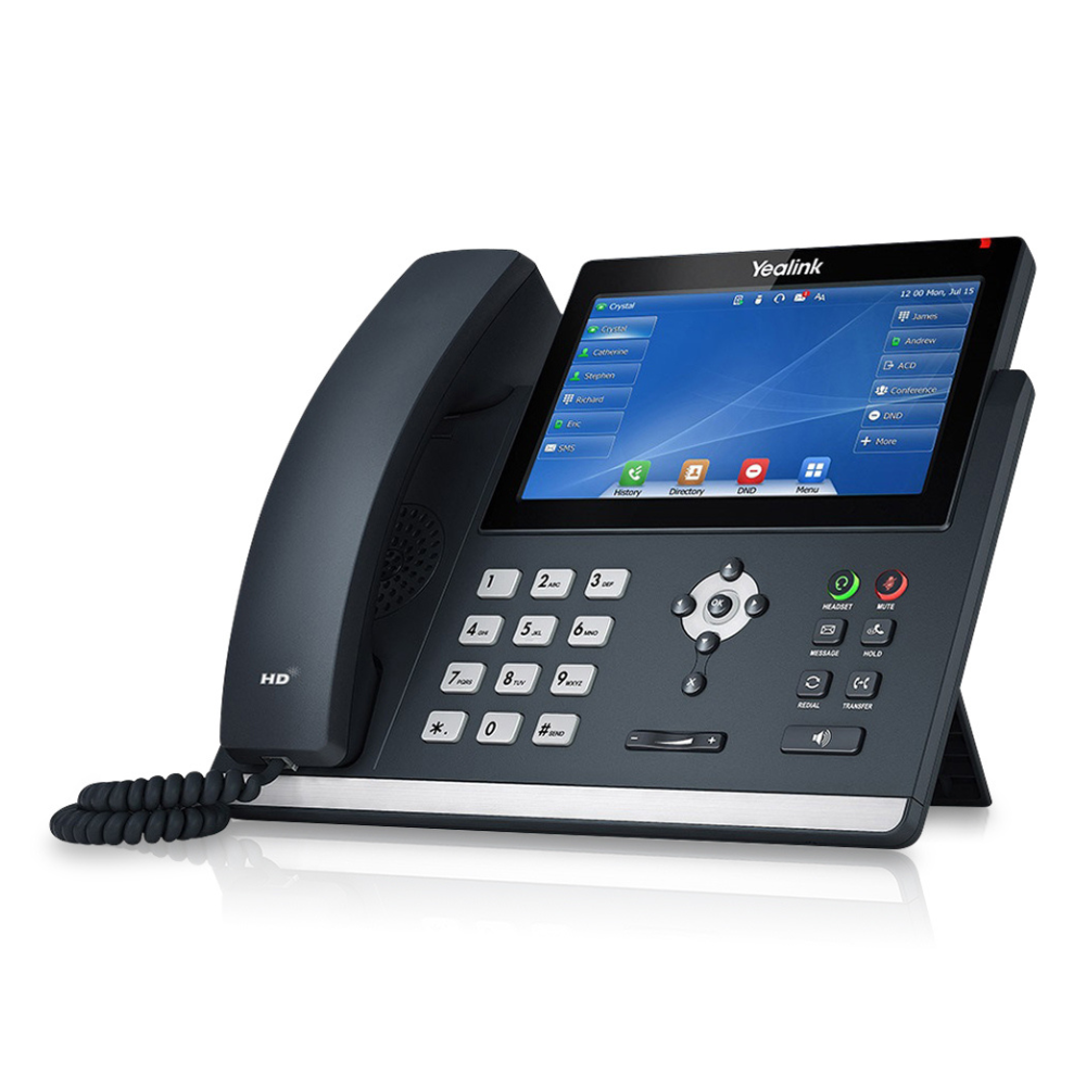 A left-angled view of a black T48U Executive IP Phone displayed on a white background. The phone features a 7" 800 x 480-pixel color touch screen with backlight. The silver number buttons on the side panel and the additional functionality buttons on the right side are clearly visible.