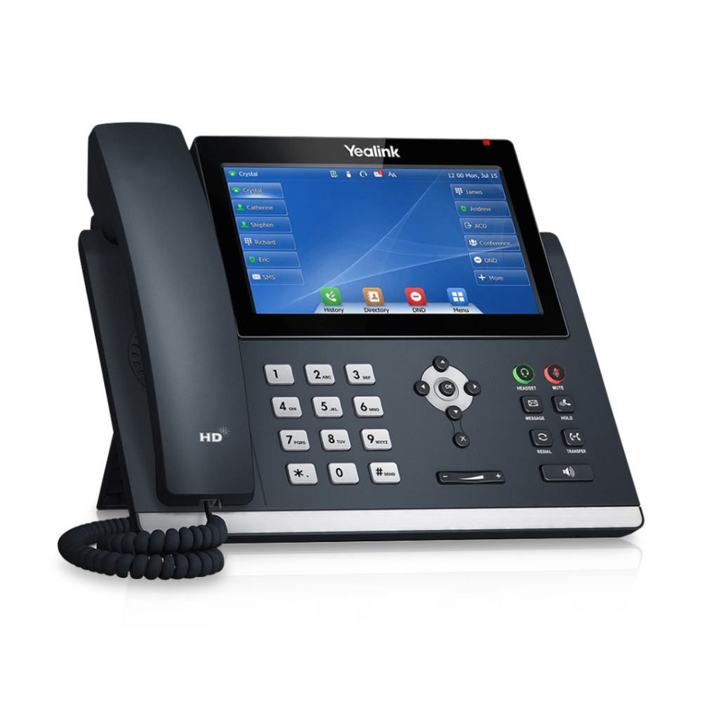 A right-angled view of a black T48U Executive IP Phone displayed on a white background. The phone features a 7" 800 x 480-pixel color touch screen with backlight. The silver number buttons on the side panel and the additional functionality buttons on the right side are clearly visible.