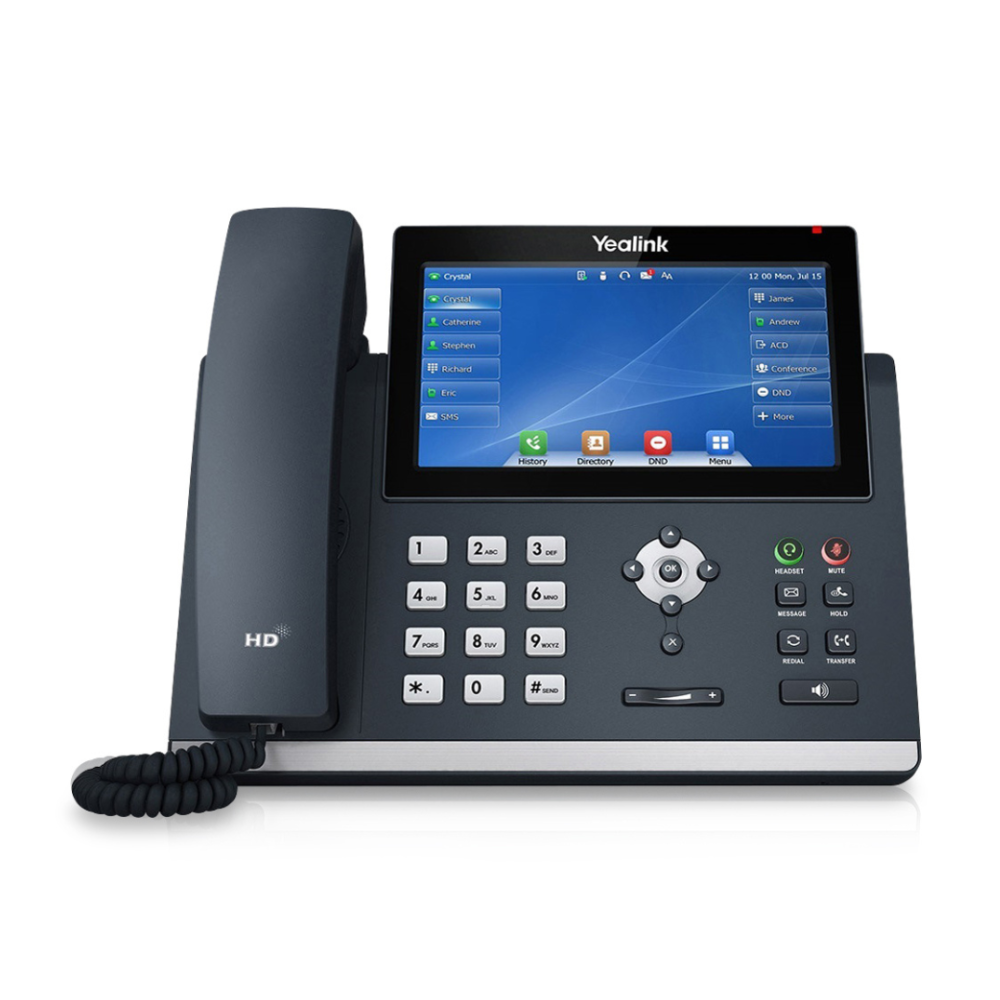 A black T48U Executive IP Phone displayed on a white background. The phone features a 7" 800 x 480-pixel color touch screen with backlight. The silver number buttons on the dashboard and the additional functionality buttons on the right side are clearly visible.