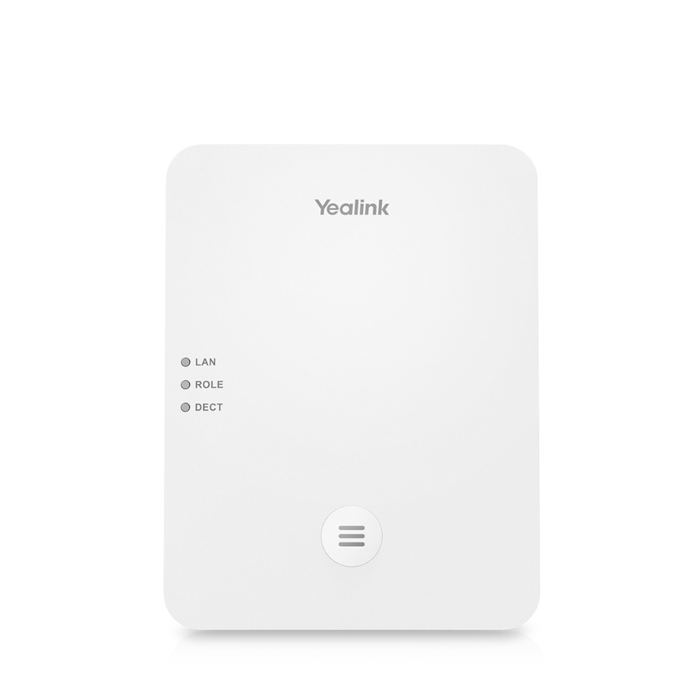 A white Yealink W80B Enterprise Base Station with three inactive (gray) LEDs on the left side and the Yealink logo at the top middle, placed on a white background.