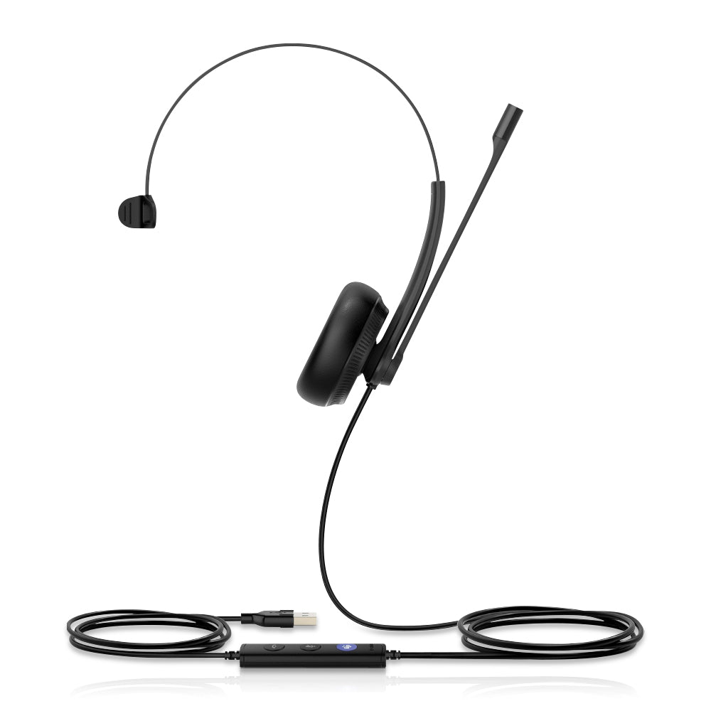 A black UH34 Wired Headset with a monaural design is displayed from a frontal view on a white background. The headset features a single ear cup, an adjustable headband, and an integrated microphone, delivering superior audio quality and comfort. The visible USB cord ensures a secure and convenient connection for uninterrupted communication. With its sleek and professional design, the UH34 Wired Headset (Monaural) is an excellent choice for enhanced productivity and seamless collaboration.