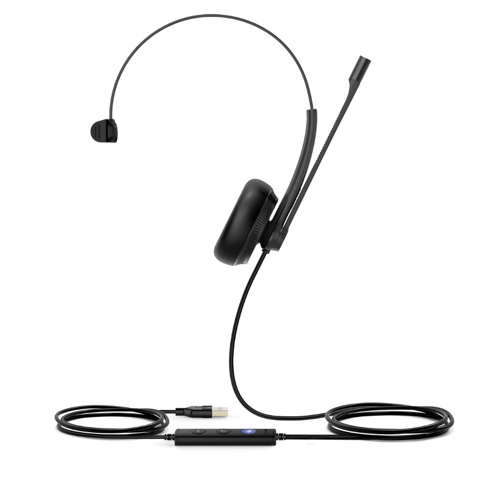 A black UH34 Lite Wired Headset with a monaural design is shown from the front on a white background. The lightweight headset features an adjustable headband, an integrated microphone, and a visible USB cord for reliable connectivity. Ideal for professional use, the UH34 Lite Wired Headset (Monaural) offers convenience and productivity.