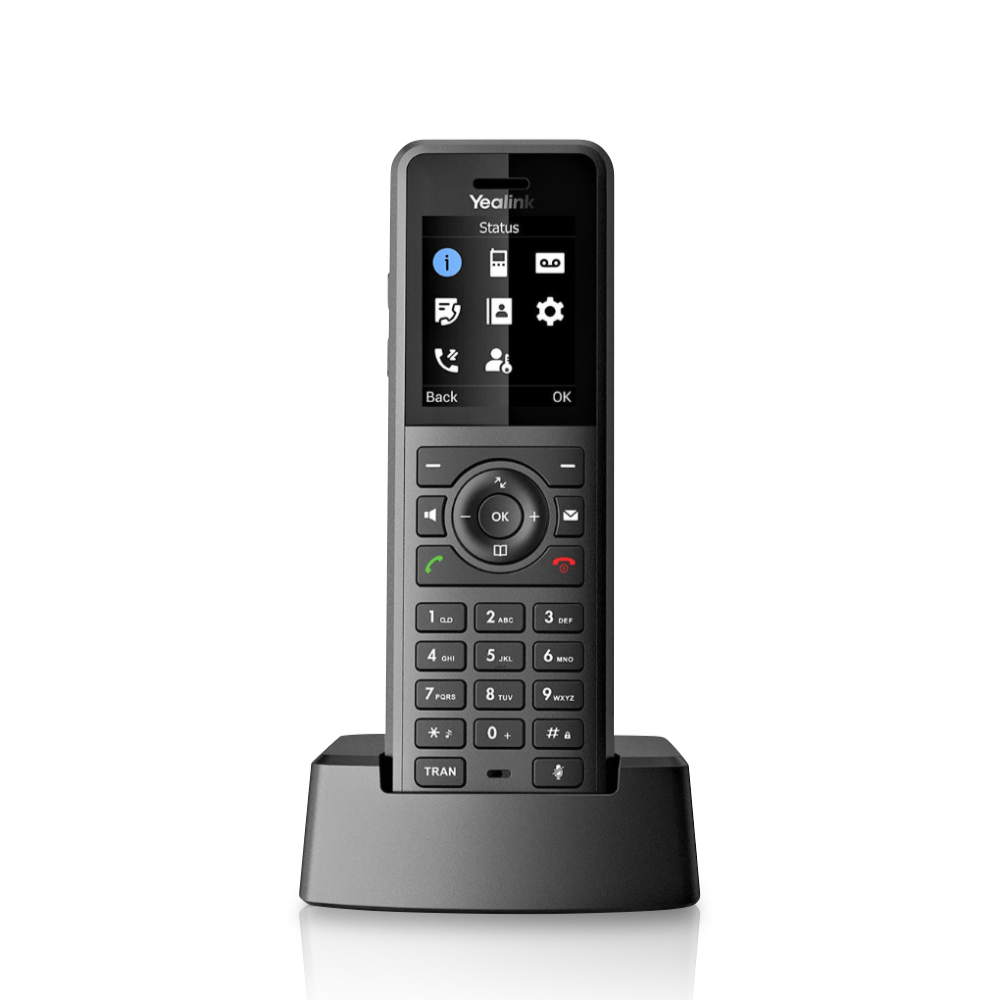 A black Yealink W57R Wireless Handset with a 1.8" color screen and an intuitive UI, placed in a black Charger Cradle, captured from a frontal angle on a white background.
