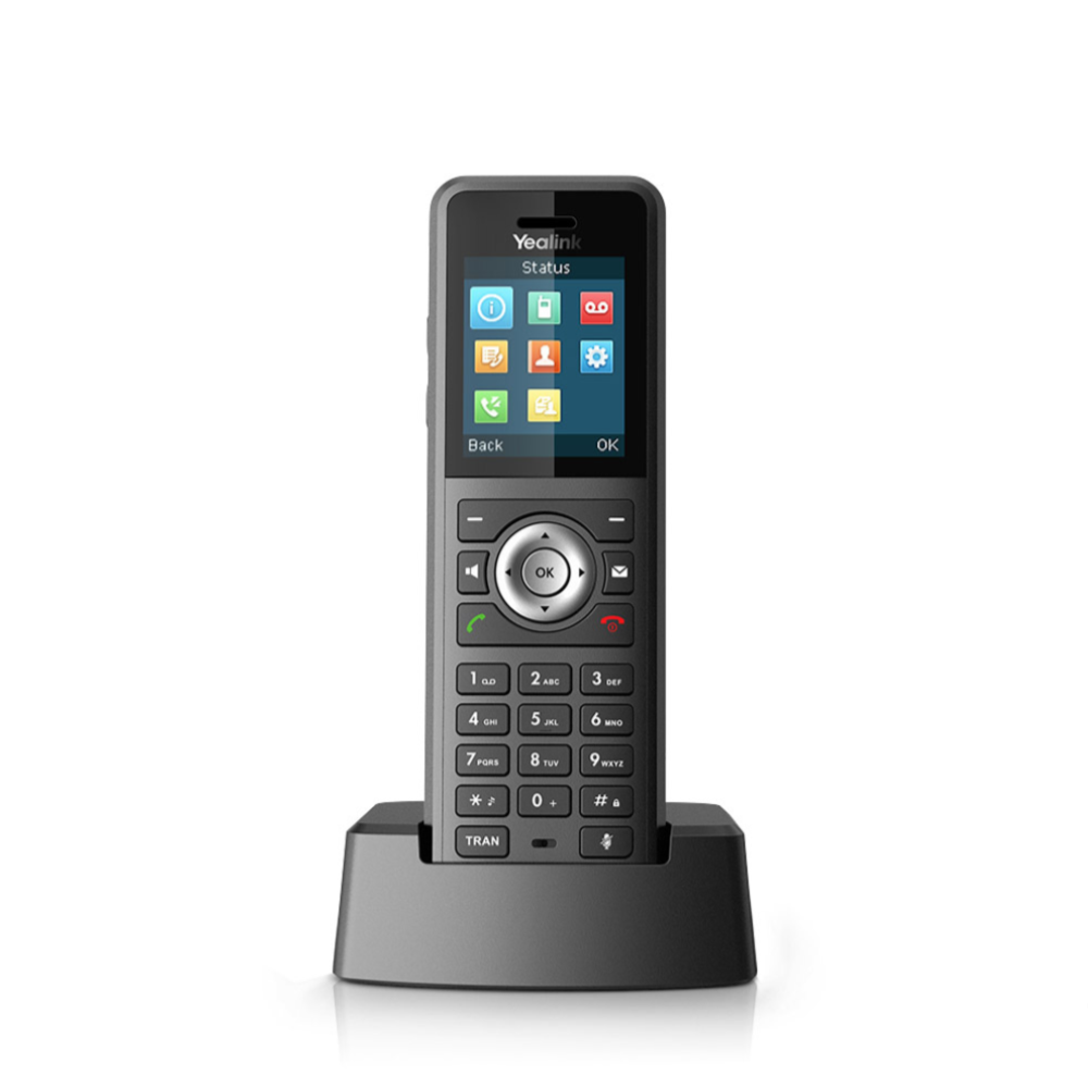 A frontal view of the W59R Rugged Wireless Handset in black color. The handset features a 1.8’’ 128x160 TFT color screen with an intuitive user interface. It is placed in a Charger Cradle and captured on a white background.