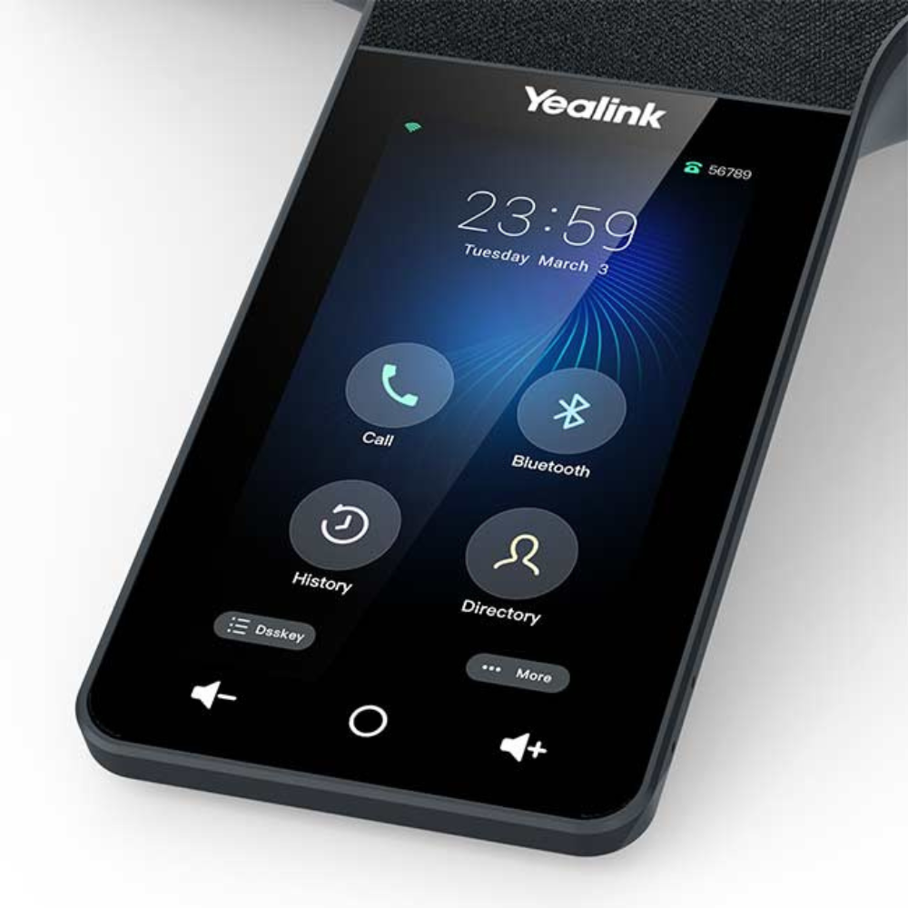 A close-up view of the touchscreen display of the black Yealink CP965 Conference Phone, showing a dark blue wallpaper and visible buttons and controls, placed on a white background.