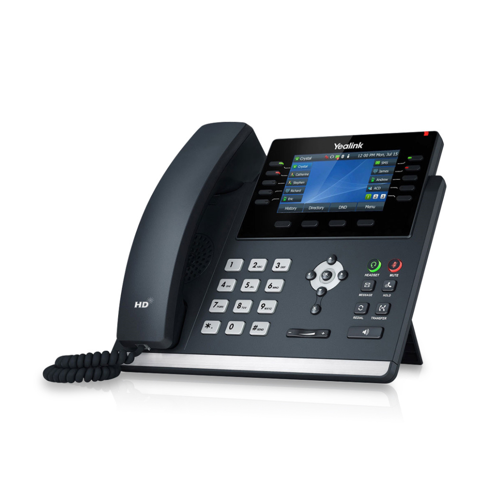 A left-angled view of a black T46U Professional IP Phone displayed on a white background. The phone's silver buttons on the side panel and the 4.3" 480 x 272-pixel color display with backlight screen are clearly visible.