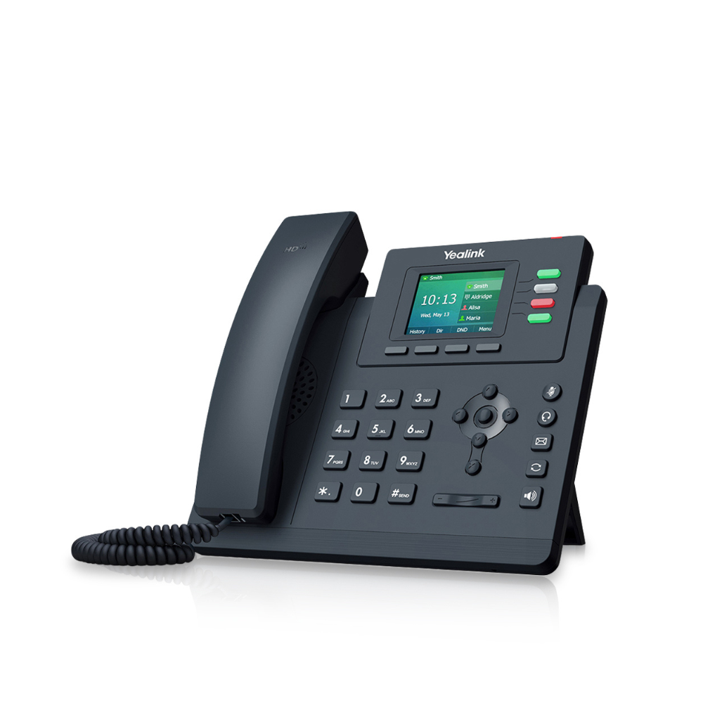 A left-angled view of a black T33G Entry Level IP Phone, a corded phone, displayed on a white background. The phone's buttons on the side panel and the 2.4” 320 x 240-pixel color display with backlight screen are clearly visible.