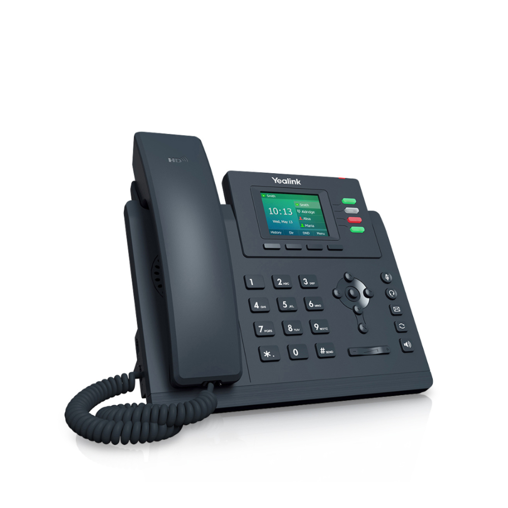 A right-angled view of a black T33G Entry Level IP Phone, a corded phone, displayed on a white background. The phone's buttons on the side panel and the 2.4” 320 x 240-pixel color display with backlight screen are clearly visible.