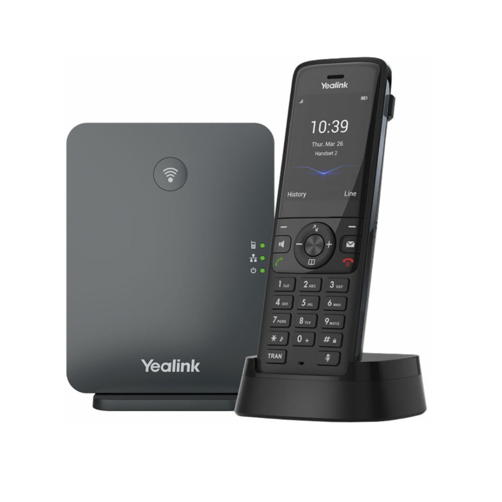 A bundle image featuring a black Yealink wireless phone with a 2.4'' color screen and an intuitive user interface, placed in a black Charger Cradle. Also included is a black Yealink W70B Base Station, captured from a frontal position.