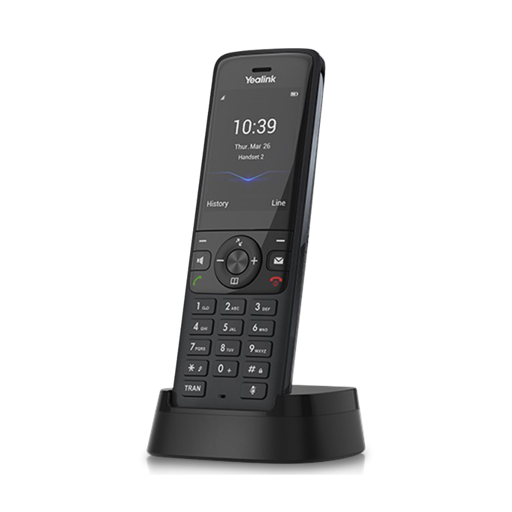 A left-angled view of a black Yealink wireless phone with a 2.4'' 240 x 320 TFT color screen and an intuitive user interface, placed in a black Charger Cradle, captured from a side angle on a white background