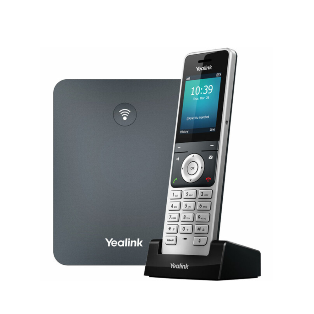 A bundle image featuring a silver Yealink W56H Wireless Handset with a 2.4" color screen and an intuitive user interface, placed in a black Charger Cradle. Also included in the image is a black Yealink W70 base station, captured from a right-angled view, on a white background.