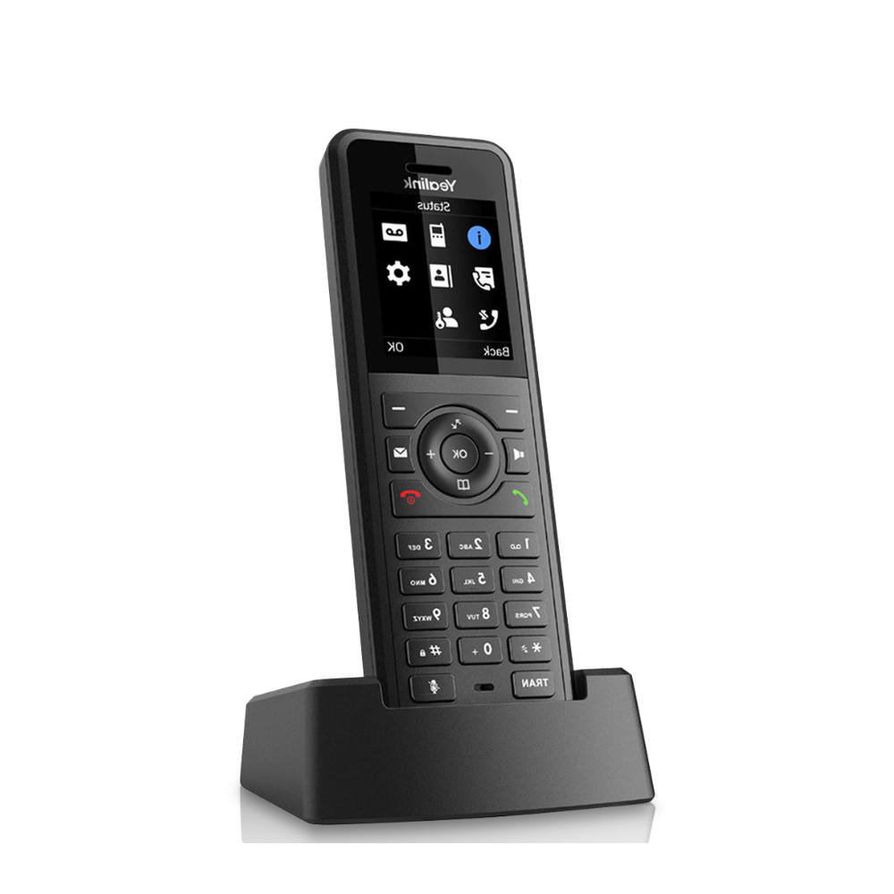 A right-angled view of a black Yealink W57R Wireless Handset with a 1.8" color screen and an intuitive UI, placed in a black Charger Cradle, captured from a side angle on a white background.