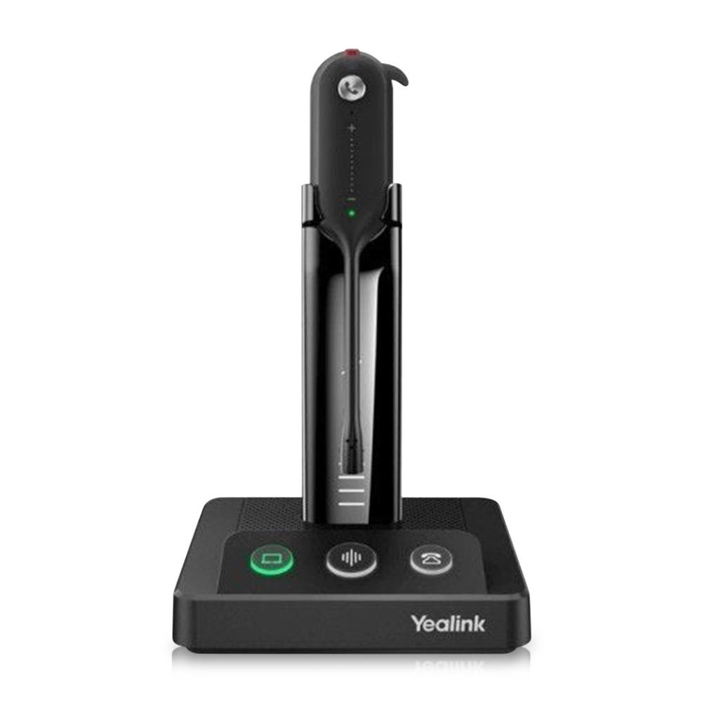 A black Yealink WH63 Convertible headset, standing on its base support, captured from a frontal view on a white background.