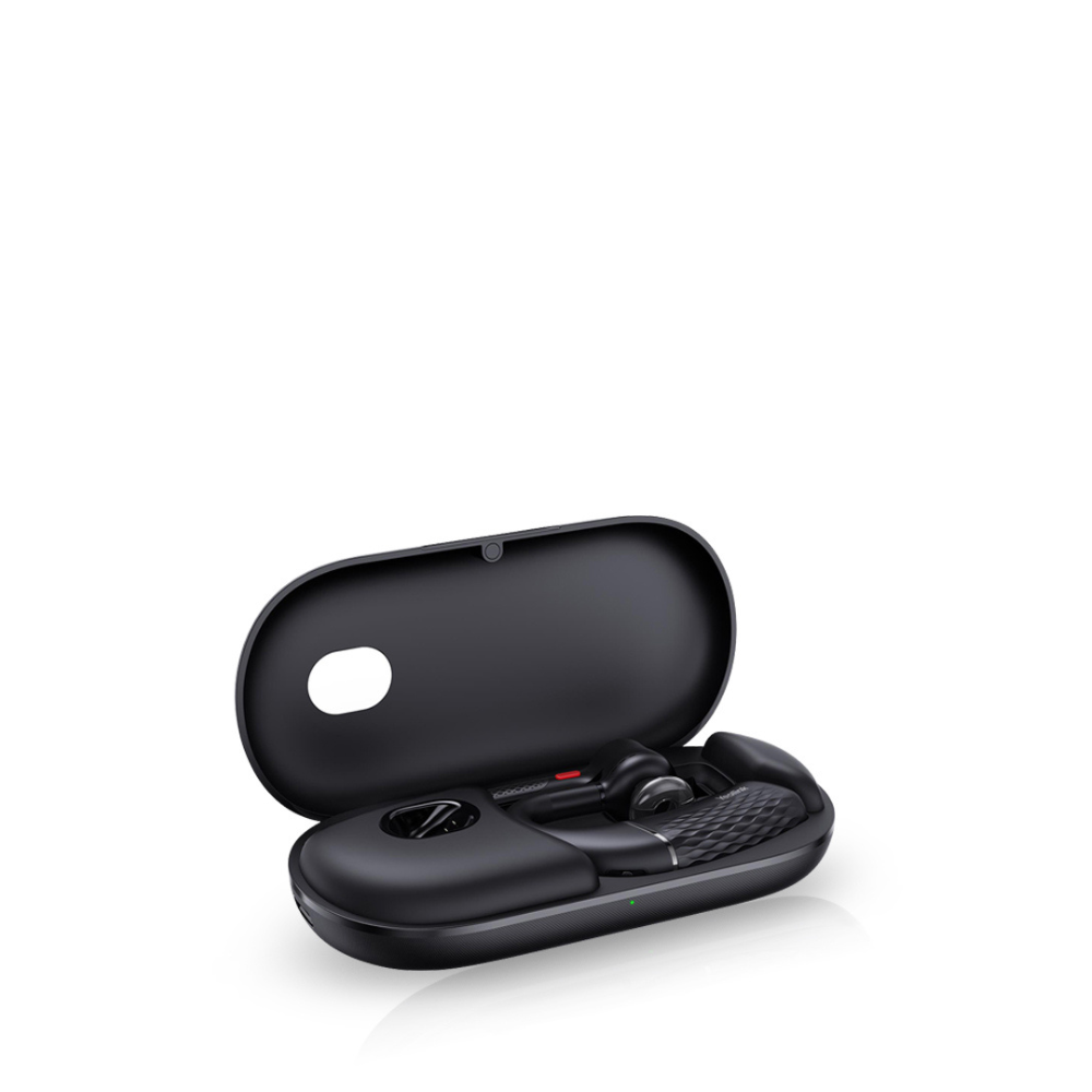 A black BH71 Wireless Headset placed in its black Carrying Case, captured from a right angle on a white background.