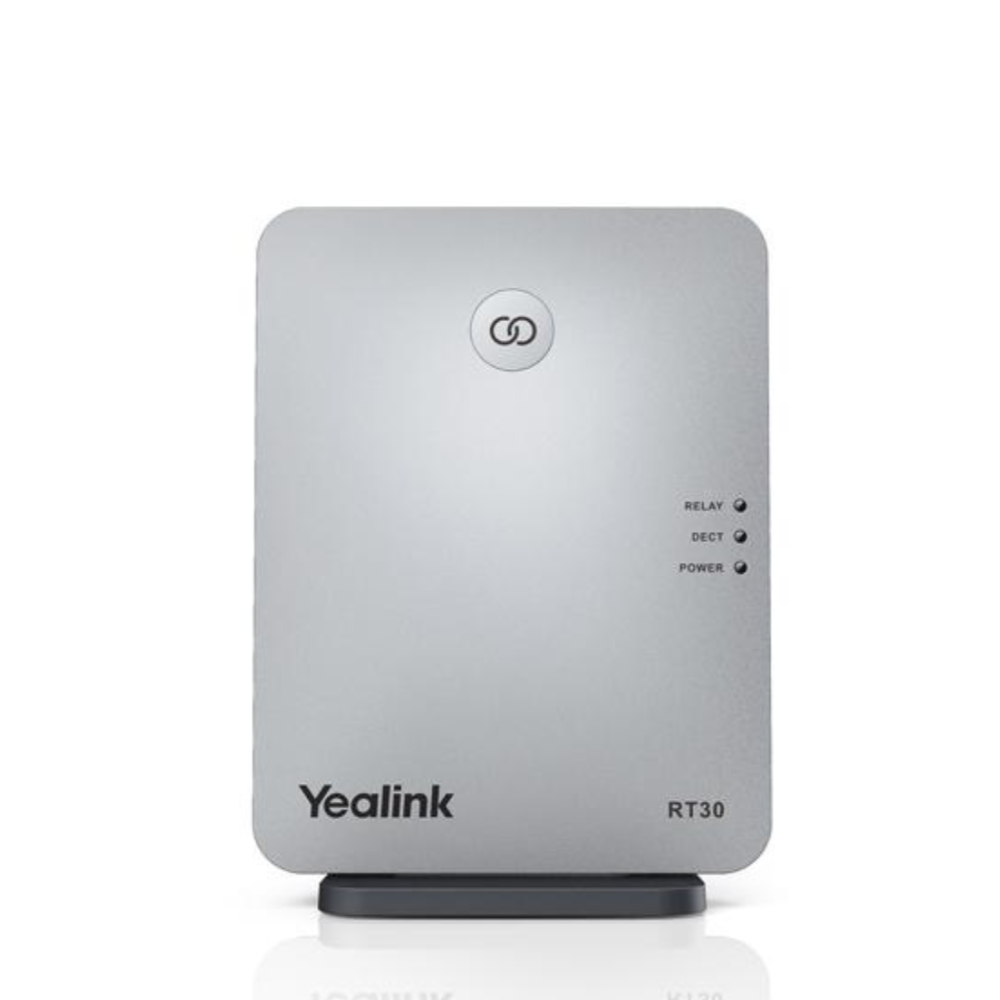 A silver Yealink DECT repeater RT30, a rectangular device with an elegant design, on a white background.
