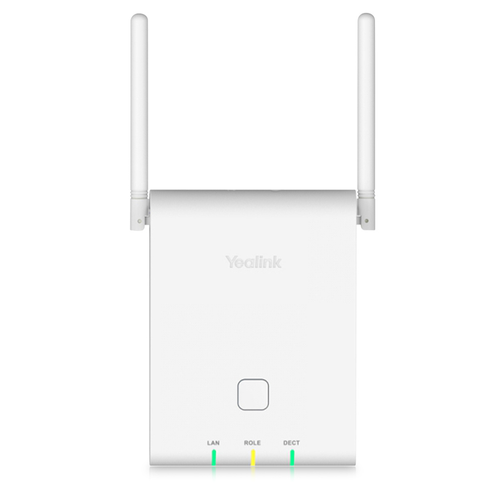 A white Yealink W90B Base Station Multi-Cell System with two white antennas and three LEDs, placed on a white background.