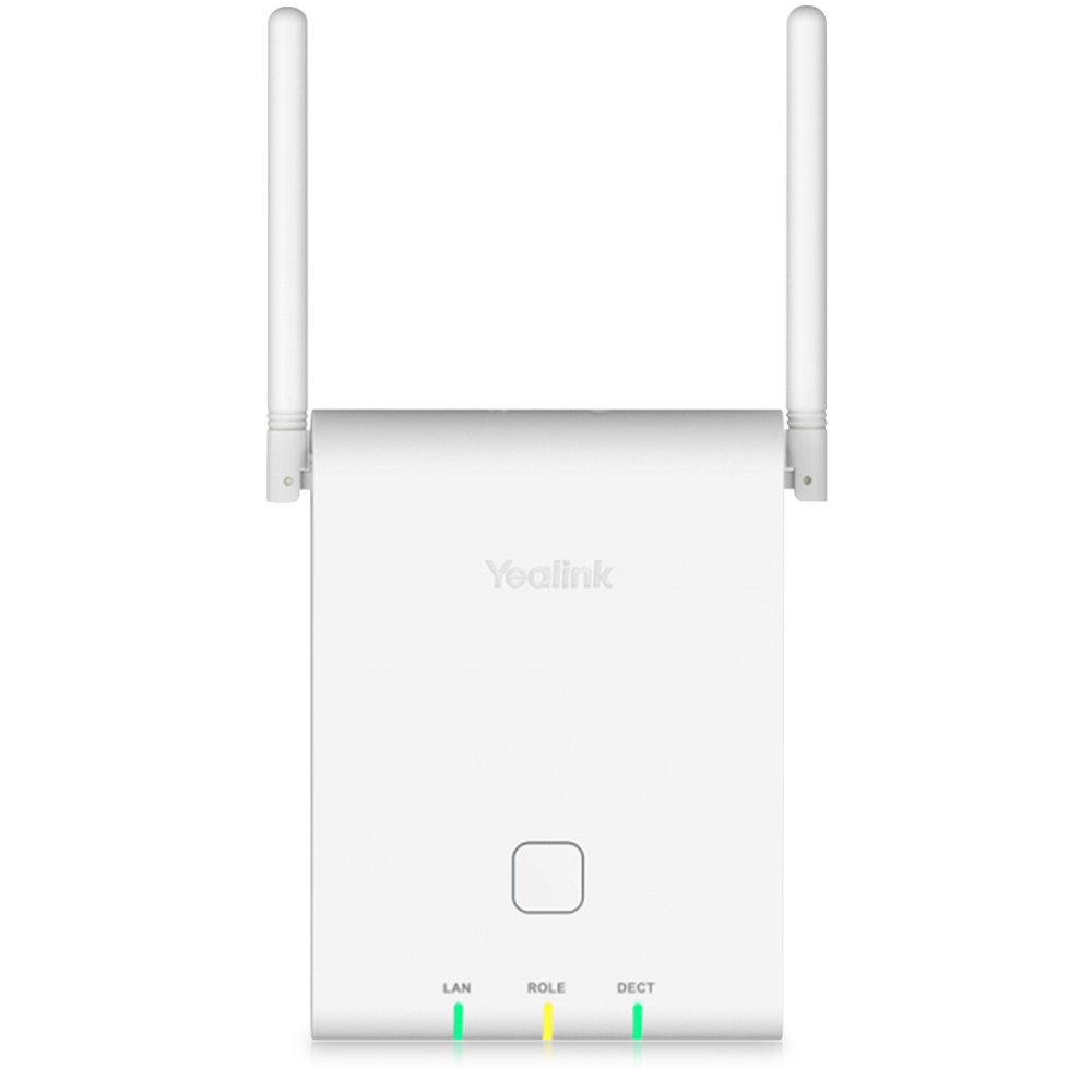 A white Yealink W90DM Base Station with three LEDs on the left side and the Yealink logo at the top middle, placed on a white background.