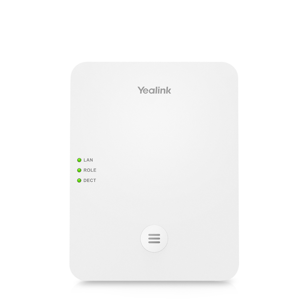 A white Yealink W80B Enterprise Base Station with three green LED indicators on the left side and the Yealink logo at the top middle, placed on a white background.