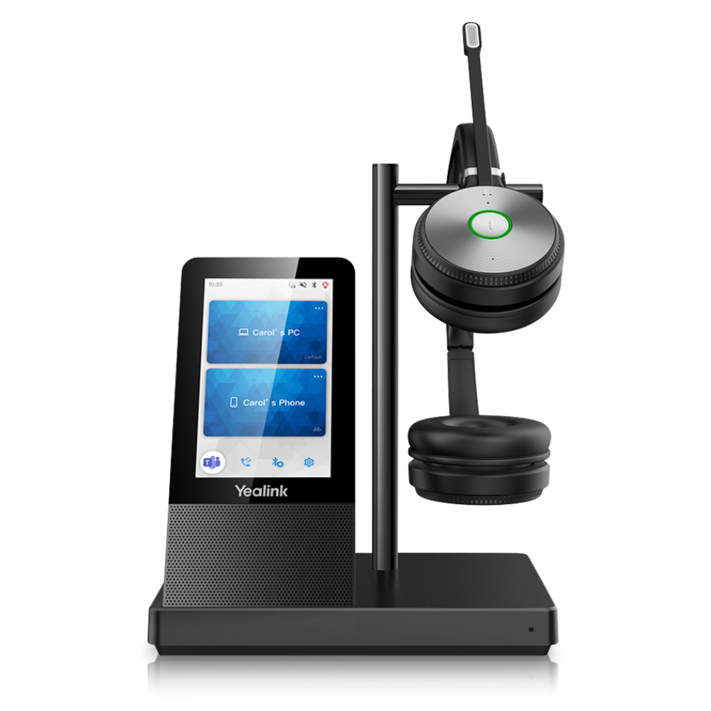 A black WH66 Wireless Headset with a binaural design, displayed from a frontal view. The headset is placed on the headset support of the workstation, which features a 4.0 inch (480 x 800) capacitive touch screen.