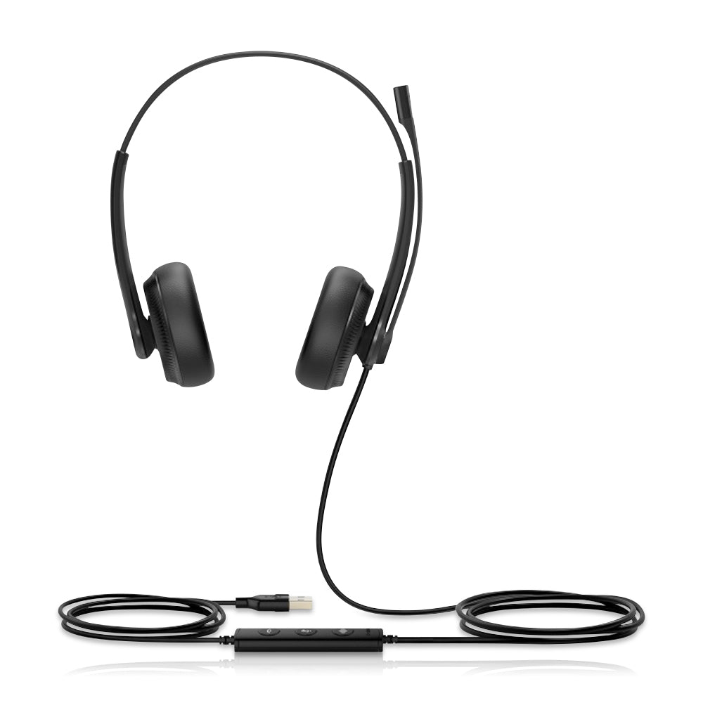 A black UH34 Lite Wired Headset with a binaural design is displayed from a frontal view on a white background. The headset features two ear cups, an adjustable headband, and an integrated microphone for clear communication. With its lightweight and comfortable design, the UH34 Lite Wired Headset (Binaural) offers convenience and productivity for professional use. The visible USB cord ensures a reliable connection, making it an ideal choice for users seeking a reliable and cost-effective headset solution.
