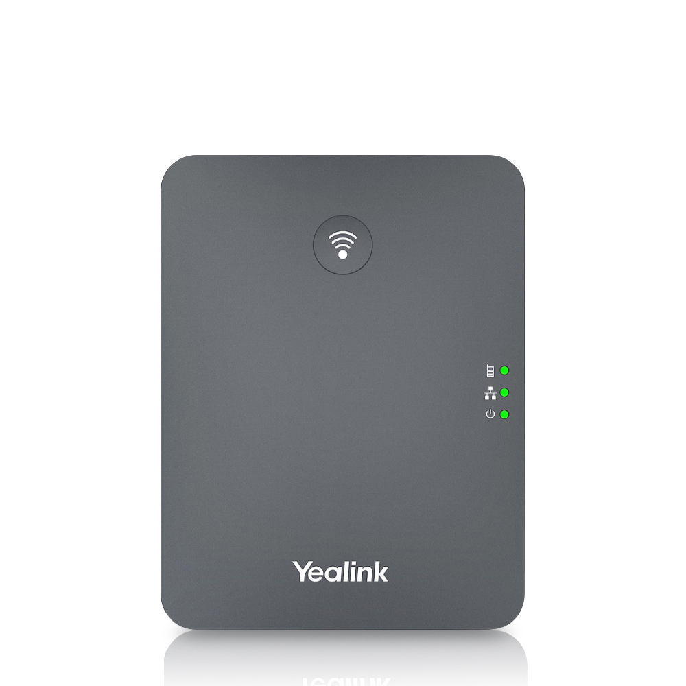 A black Yealink W70B DECT IP base station placed on a black base support, against a white background. It features a rectangular shape with three small LEDs on the right side and a Wi-Fi symbol at the top middle