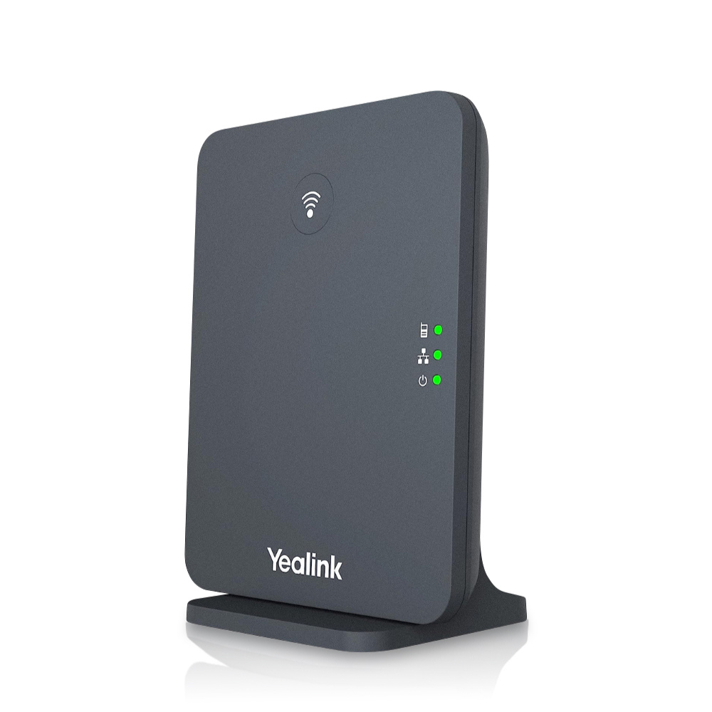 A left angled view of a A black Yealink W70B DECT IP base station placed on a black base support, against a white background. It features a rectangular shape with three small LEDs on the right side and a Wi-Fi symbol at the top middle.