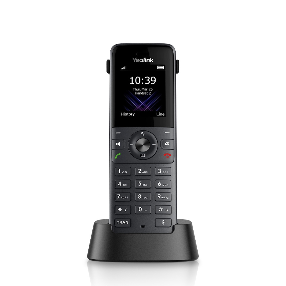 A black Yealink W73H wireless phone with a 1.8" color screen and an intuitive UI, placed in a black Charger Cradle, captured from a frontal position on a white background.