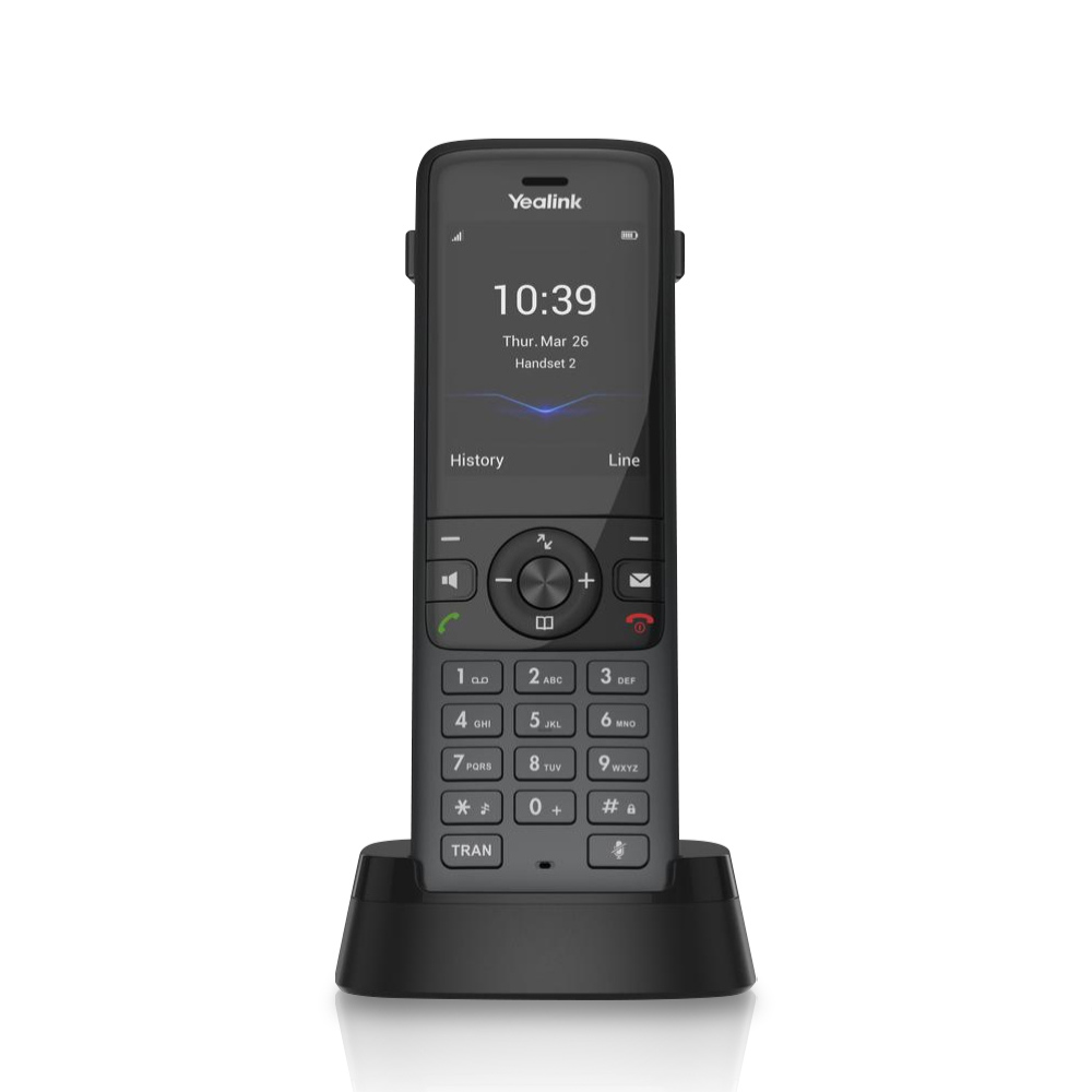A frontal view of a black Yealink wireless phone with a 2.4'' 240 x 320 TFT color screen and an intuitive user interface, placed in a black Charger Cradle, captured from a frontal angle on a white background.