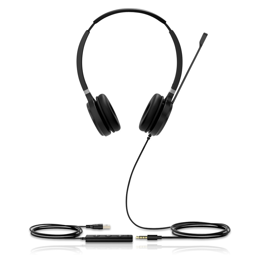 A black UH36 Wired Headset with a microphone, displayed from a frontal angle on a white background. The binaural headset features a visible wire with a USB plug.