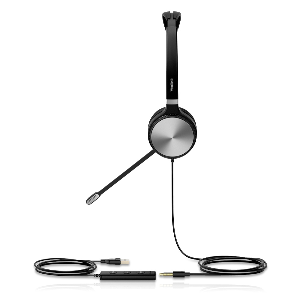 A black UH36 Wired Headset with a visible microphone, headband, and silver side of the ear cup, displayed from a side angle on a white background.