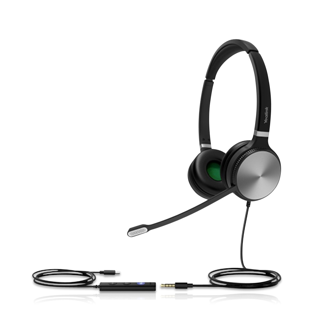 A black UH36 Wired Headset with a microphone is shown from a left angle on a white background. The binaural headset features a visible wire with a USB-C plug for connectivity.