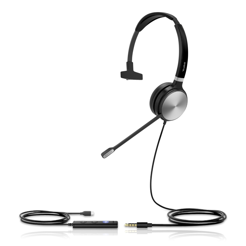 A black UH36 Wired Headset with a microphone is shown from a left angle on a white background. The monaural headset features a visible wire with a USB-C plug for connectivity.