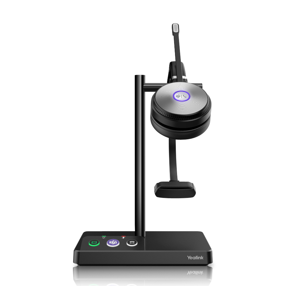 A black WH62 Wireless Headset with a monaural design, displayed from a frontal view on a white background. The headset is placed on the headset support of the base support.