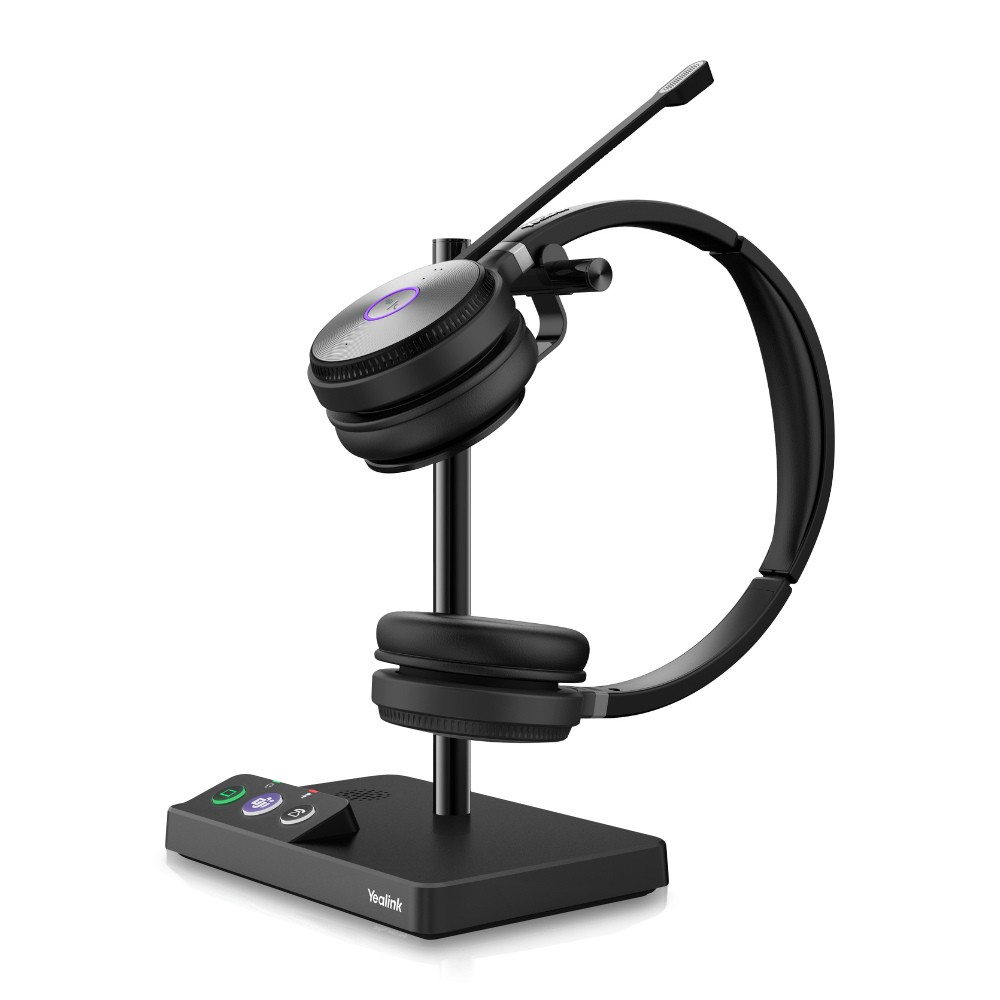 A black WH62 Wireless Headset with a binaural design, displayed from a side view on a white background. The headset is placed on the headset support of the base support.