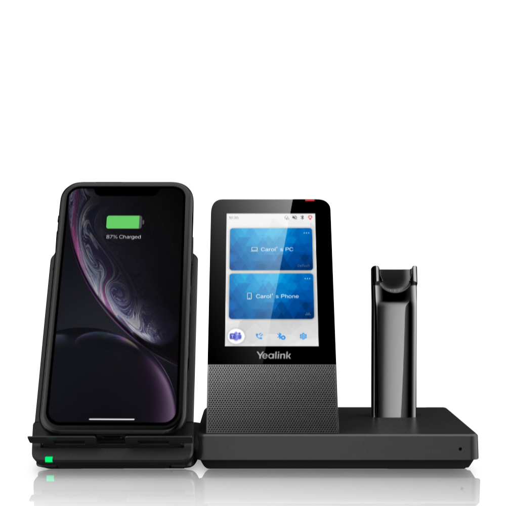 A black WH67 Wireless Headset placed on its base support, accompanied by a black Wireless Charger, captured from a frontal angle. The base support features a 4.0 inch (480 x 800) capacitive touch screen.